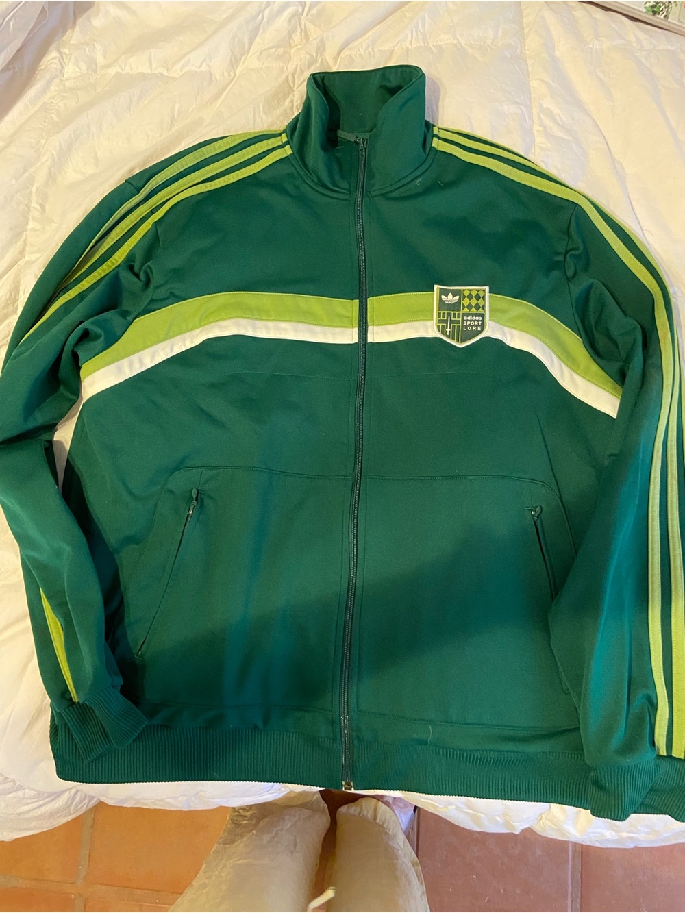 Vintage Adidas Dark Green Track Jacket with Lime and White Stripes
